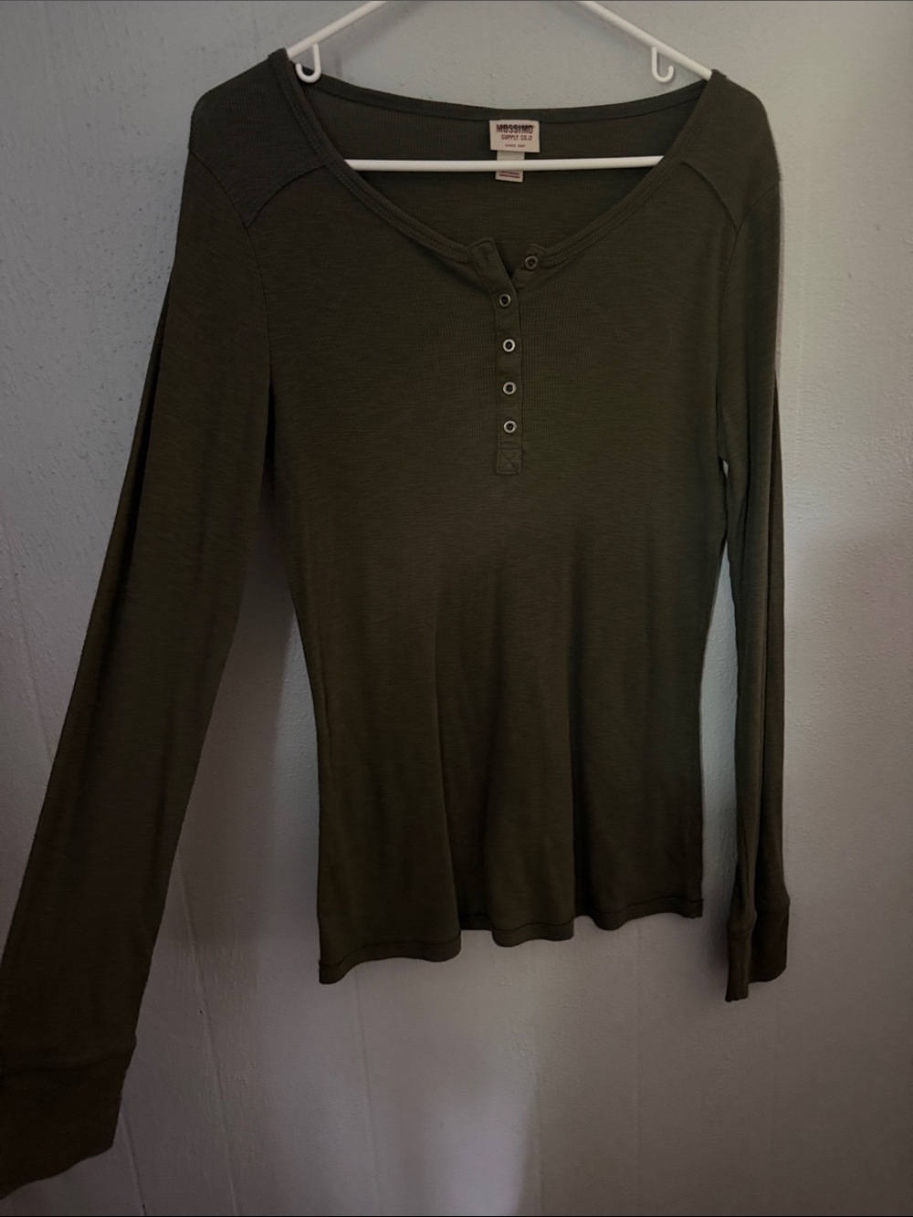 Mossimo Supply Co. Olive Green Long Sleeve Henley Top with Button Placket